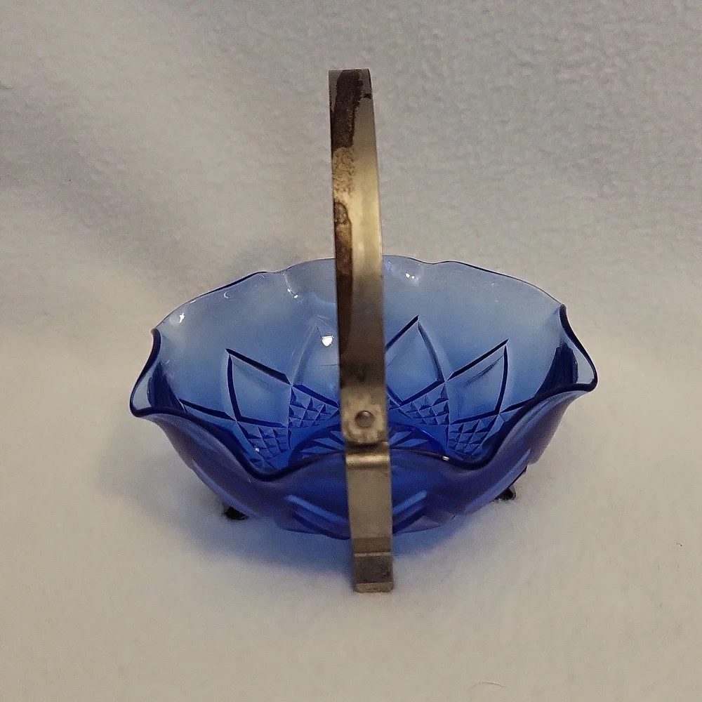 Vintage Cobalt Blue Glass Bowl with Metal Handle